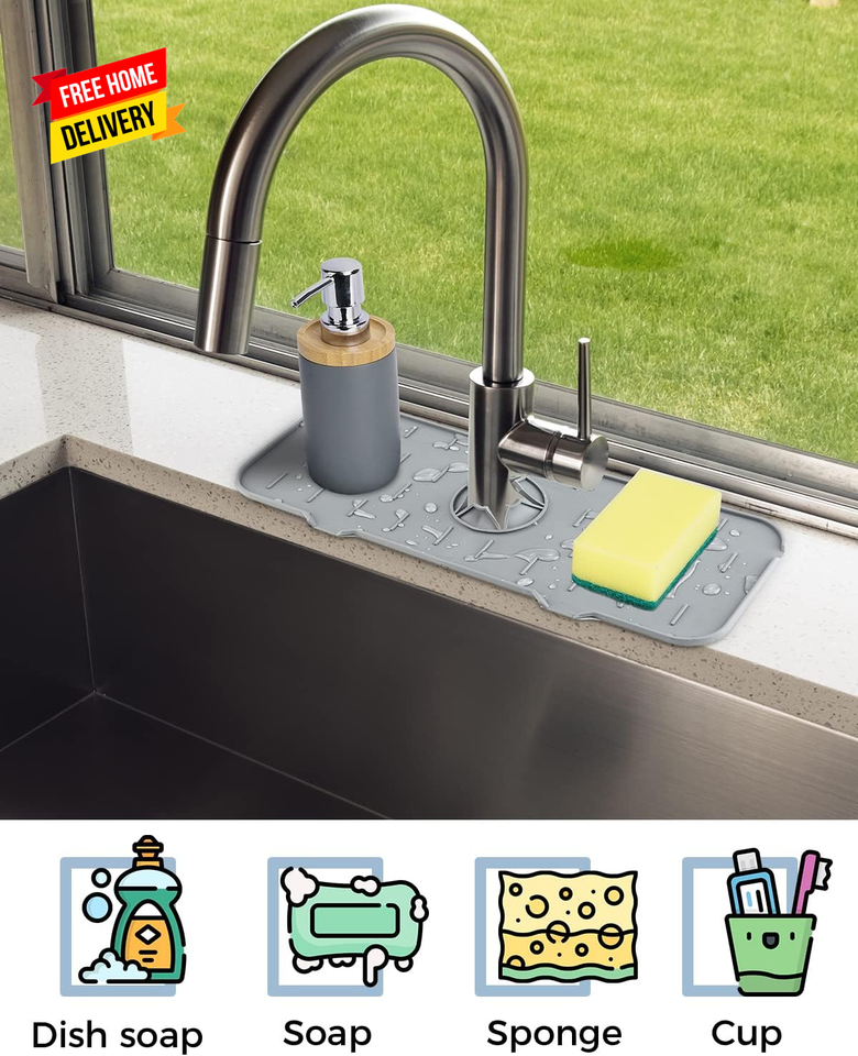Kitchen Sink Splash Guard Silicone Faucet Handle Drip Catcher Tray