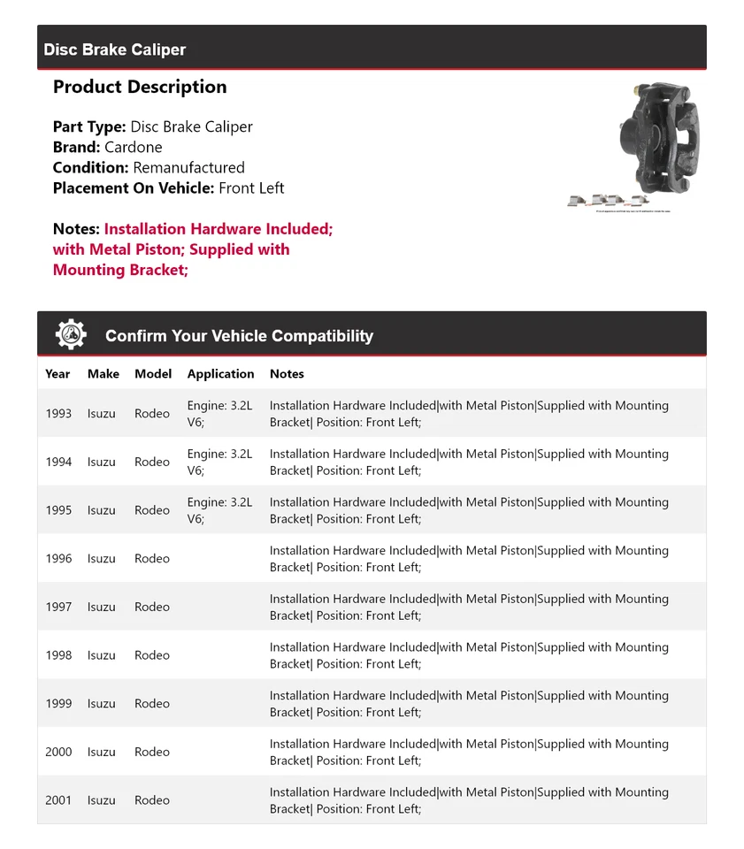 Pinza de freno de disco delantera izquierda Cardone 1994 1995 1996 Isuzu Rodeo 1993-2001 Foto 2 de 4