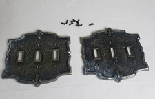 2x Vintage Hall Mack Masterpiece Ornate Antique Brass Triple Switch Plates Lot