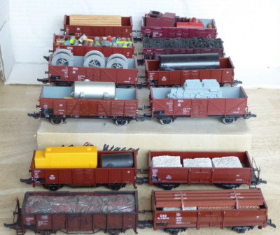 Piko, Roco H0 Set 12x open loaded freight cars DR/DB Epoch 3/4 with NEM+KK