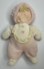 Eden Pink White Velour Baby Doll Plush Eyelet Lace Flower Bib Yellow Hair VTG