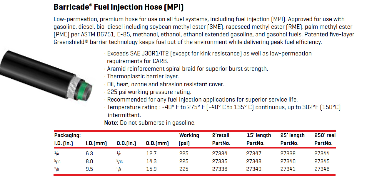 GATES BARRICADE 1/4" BIODIESEL ETHANOL E85 FUEL INJECTION HOSE 7.6