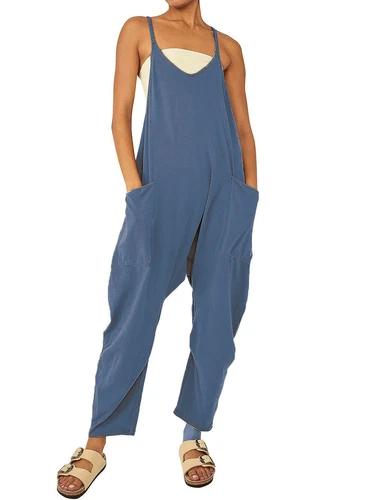 Womens Jumpsuits Loose Casual Rompers Sleeveless Spaghetti Strap Baggy Pockets - Picture 29 of 40