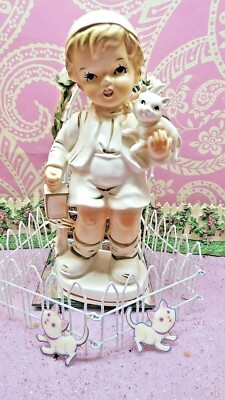 Vtg Little Boy Holding a Kitten Kitty Cat & Gold Lantern  8 1/4 Inches Tall  