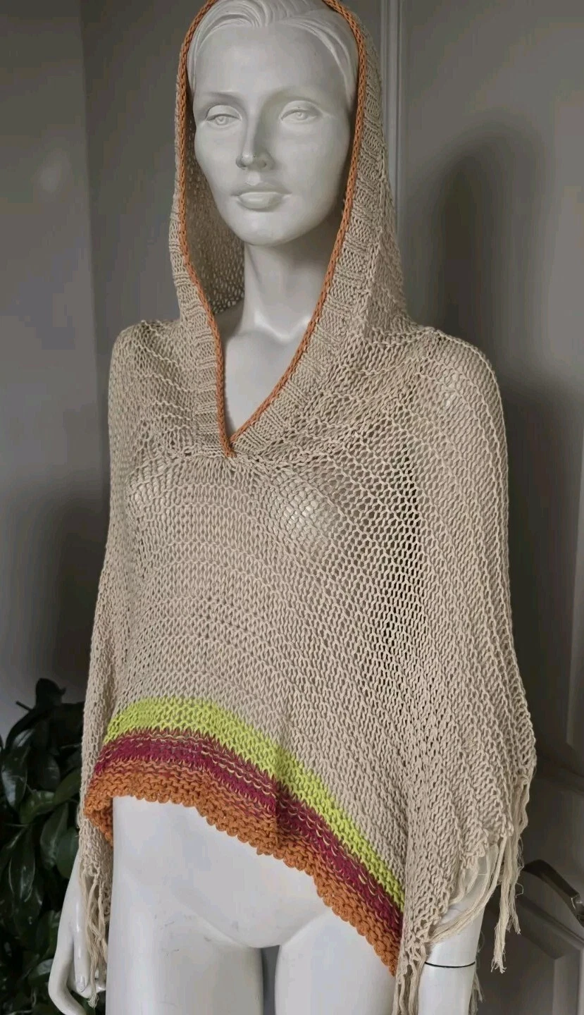 Free People Hooded Natural Combo Poncho Sz SX-S NWT $148