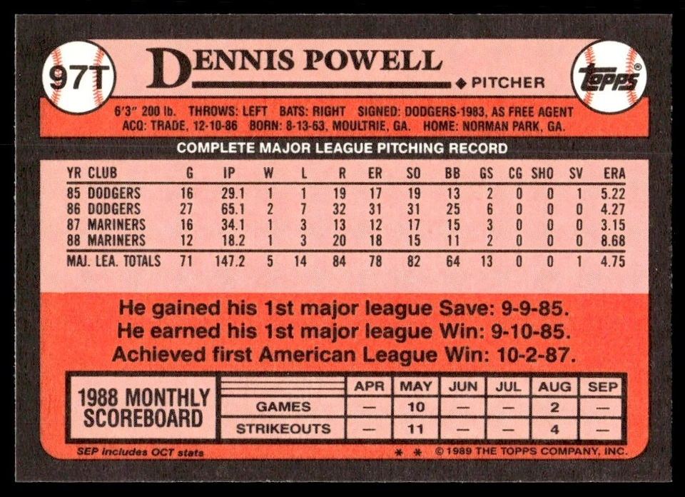 1989 Topps Traded Dennis Powell Seattle Mariners #97T - Image 2 of 2