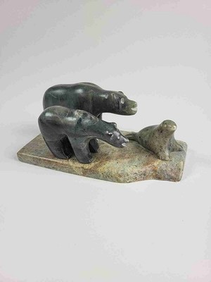 Inuit Soapstone Polar Bear & Seal Sculpture Signed Alaska Carving