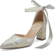 Floral Satin Wedding Shoes for Bride Block Heel Pointed Toe Pearl Bridal...
