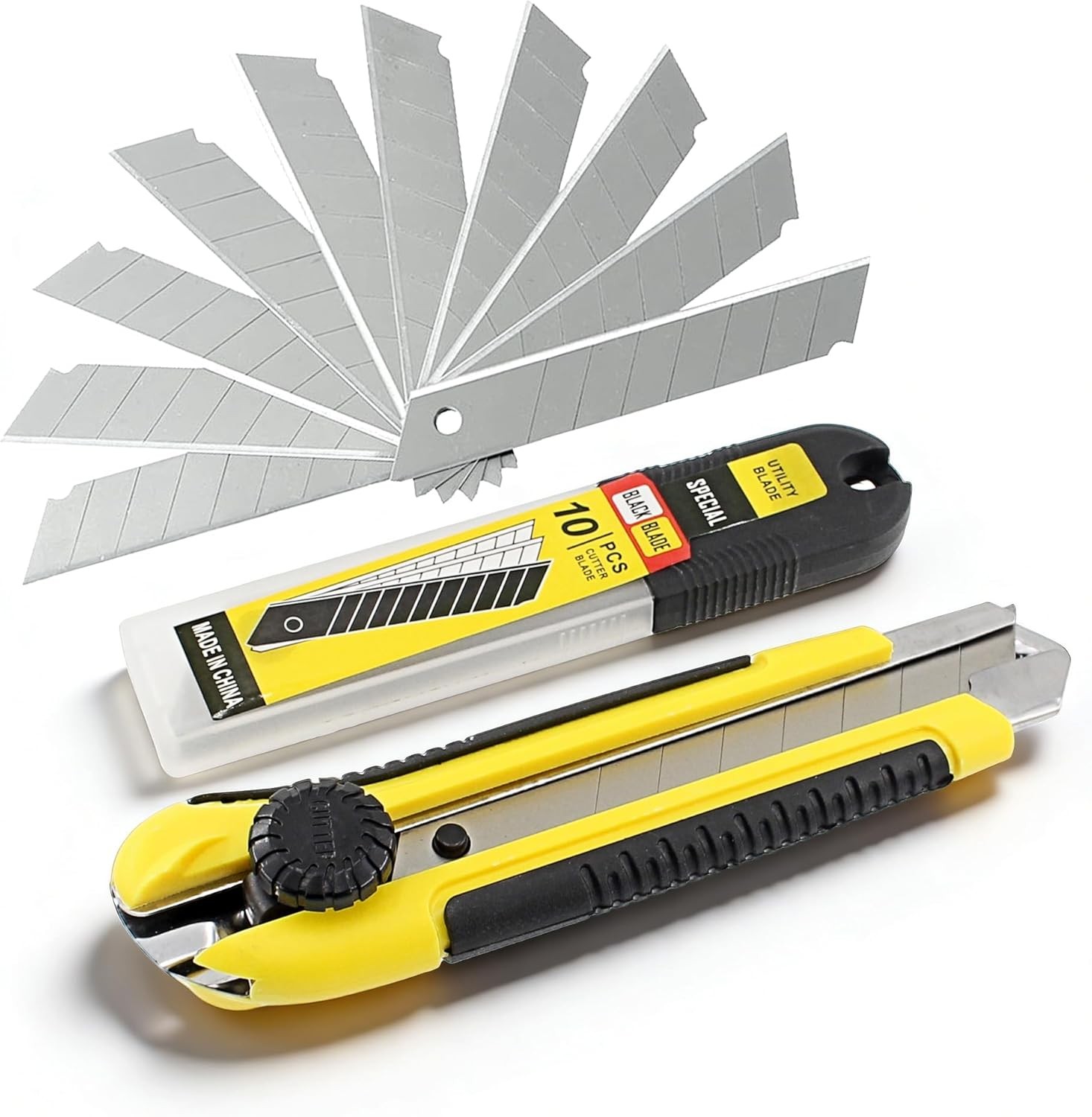 Heavy Duty 25mm Utility Knife, 10pcs SK5 Snap-Off Blades, Lo