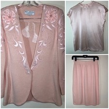 VTG St John Evening Jacket Skirt Silk Blouse Set 2 Peachy Pink Embellished Knit