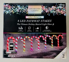 Gemmy Orchestra of Lights 8 LED Color Changing Candy Cane Xmas Pathway Stakes