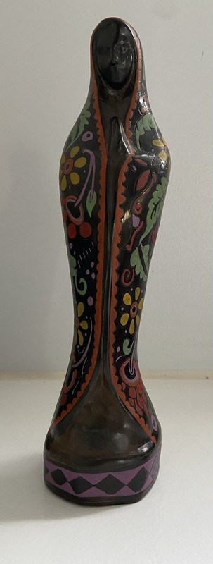 Hand-Painted Black Robed Madonna Lady Figurine Statue w/ Floral & Vine Design