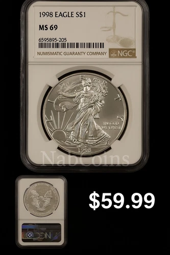 🔥 1998 American Silver Eagle $1 NGC MS69 - Brilliant Luster - NabCoins  🔥