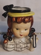 Vtg Napco Collectable Girl Head Vase With Gray Checkered Shirt 5" - no umbrella