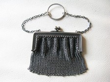 Antique Chatelaine Silver Gun Metal Frame Finger Ring Mesh Coin Purse