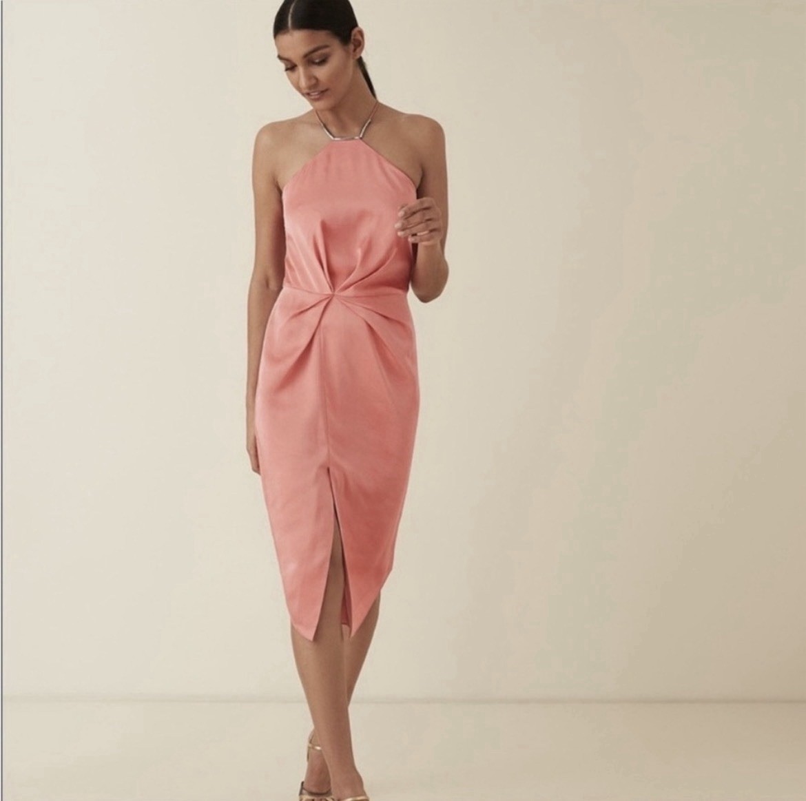 Reiss Coral Satin Halter Midi Cocktail Dress US 10/ UK 14/ EU 42
