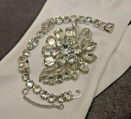 Vintage Eisenberg Ice Signed Clear Crystal Silver Tone Brooch & Bracelet