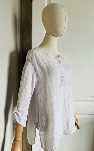 Eileen Fisher M White Tan Striped Gauze Popover Top 100% Linen Roll Tab Sleeve - Picture 6 of 15