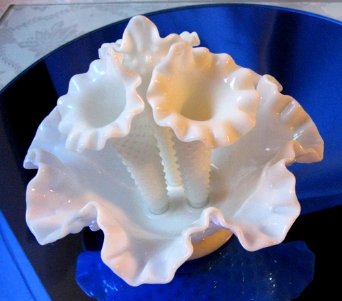 Fenton Vintage White Milk Glass Hobnail 3-Horn Trumpet Vase Epergne Bowl