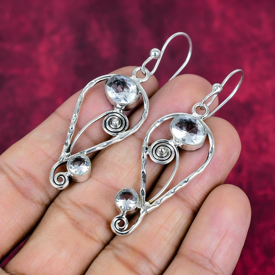 White Topaz Gemstones Handmade 925 Sterling Silver Artisian Earrings Jewelry - Image 3 of 4