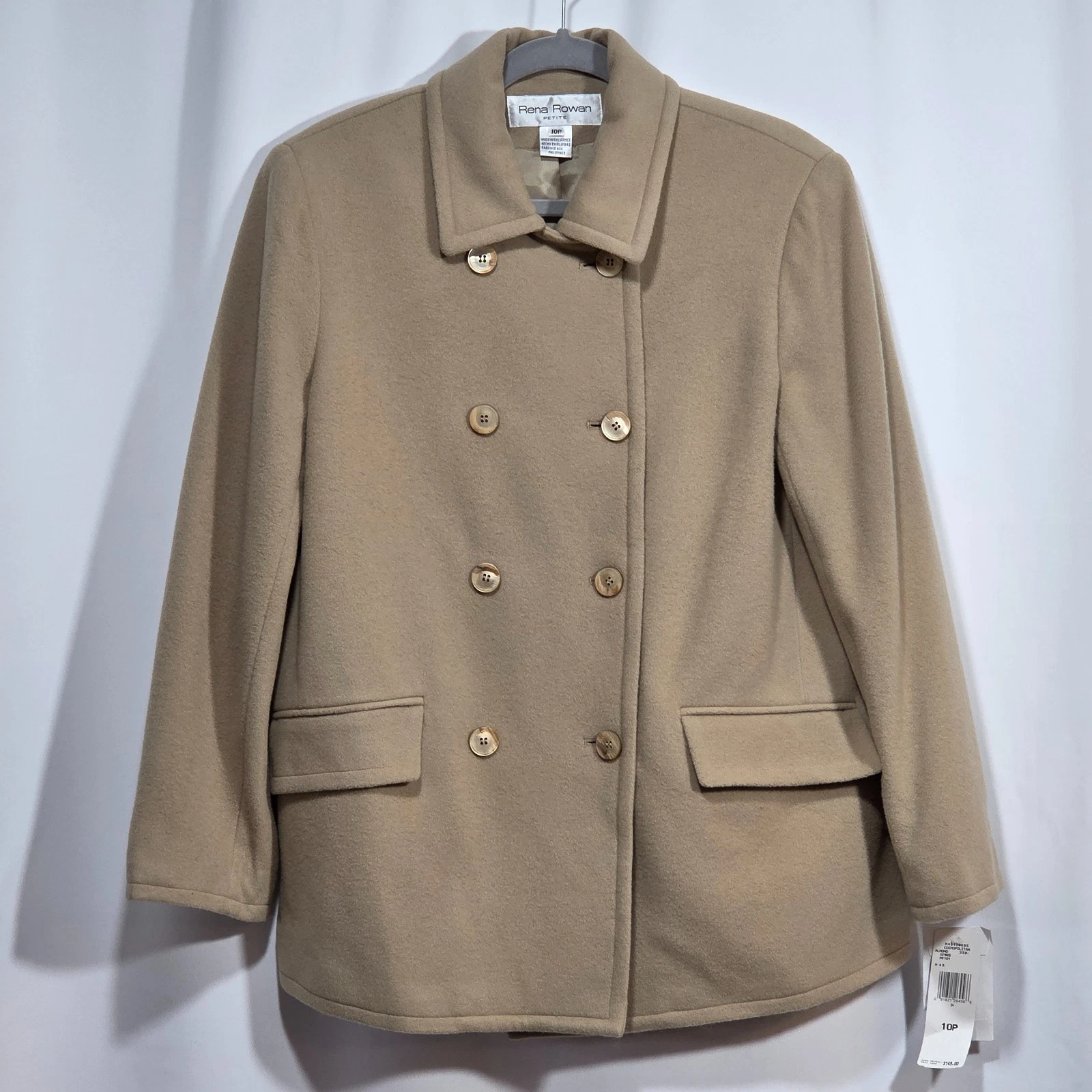 Virgin Wool Pea Coat Women SIZE 10P Petite Beige Mid Length Rena Rowan