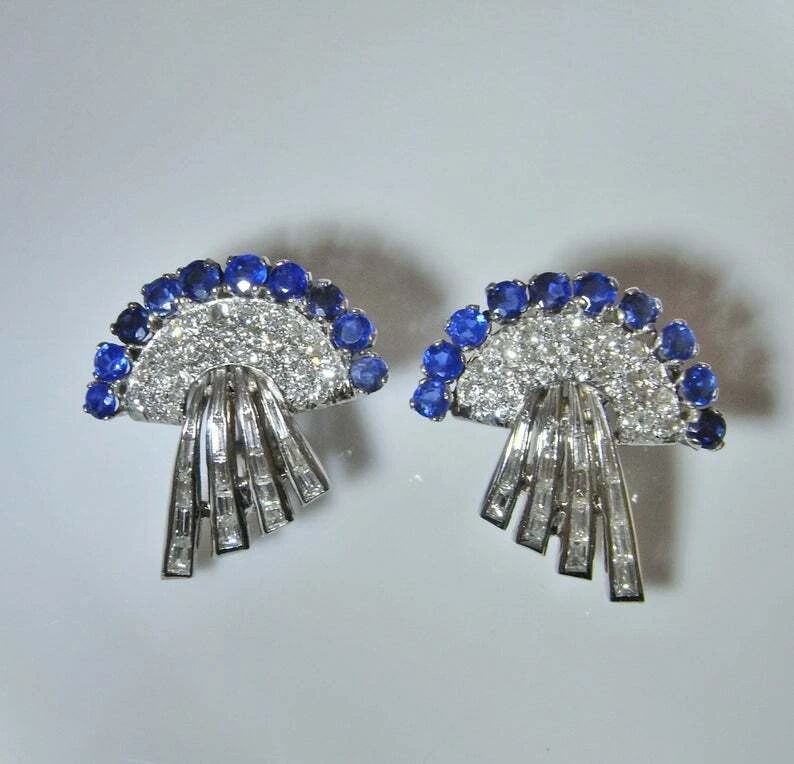 Excepcional Par de Pendientes Abanico Retro Años 40 Zafiro Azul y Antiguo Corte Mina Circonita Foto 2 de 4