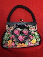 Vintage 50s Glass Beads With Lucite  Floral Snap Purse With Gold Finish.