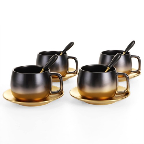 European Style Tea Coffee Cup Set Black Gold Gradual Vintage Ceramic Cup Coffee