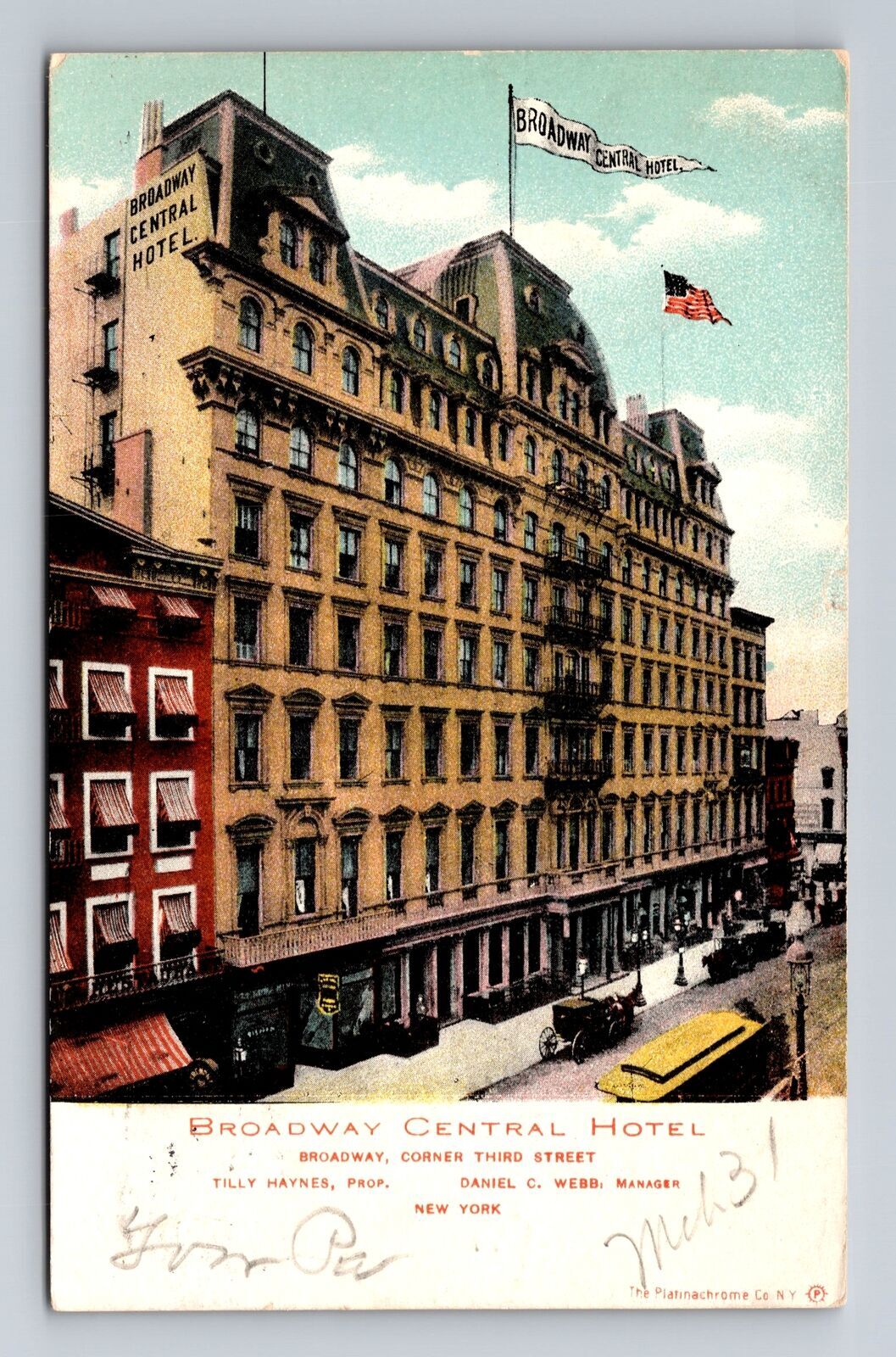 New York City NY, Broadway Central Hotel, Souvenir, Vintage c1906 Postcard