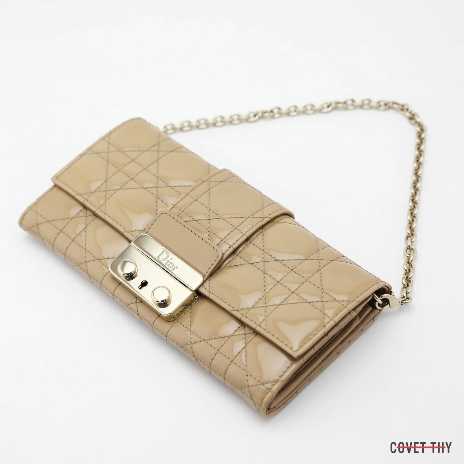 Portefeuille DIOR Cannage Promenade chaîne, cuir tapis nu/brun, or