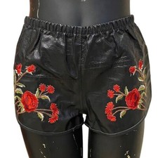 American Vintage Black Faux Leather Shorts Red Floral Embroidery