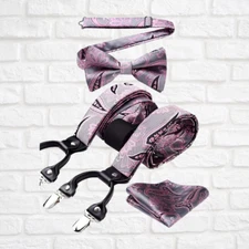 HISDERN Men Suspender Paisley Pink Floral Bow Tie Pocket Square Sets #O05