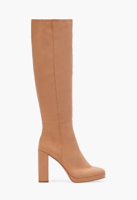 Emmaline by JUSTFAB (SHOEDAZZLE) Camel faux suede 4.25'' heel knee boots, SZ 9.5