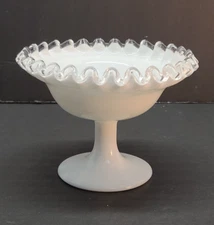 Vintage Fenton Art Milk Glass Silver Crest Ruffled Footed Candy Compote Dish