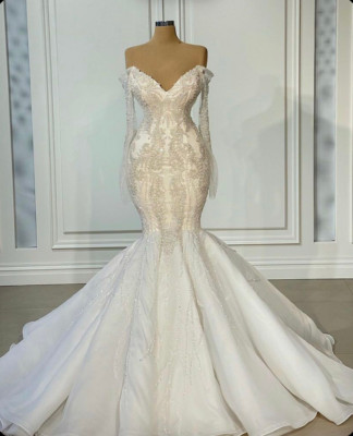 Lace Mermaid Wedding Dress White Ivory Robes De Mariage Beaded Bridal Gowns