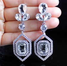 GEOMETRIC DANGLE CRYSTAL RHINESTONE CHANDELIER EARRINGS WHITE PROM E2189 SILVER