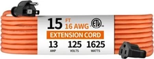 15ft Orange Extension Cord: 16AWG, Indoor/Outdoor, Grounded