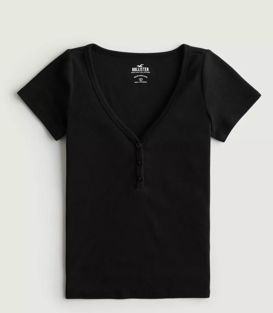 HOLLISTER SHORT SLEEVE BLACK V NECK HENLEY BUTTON SHIRT WOMEN XS NEW