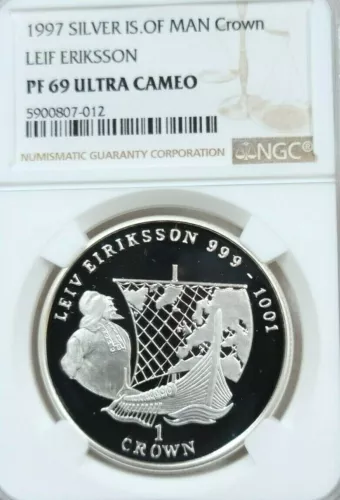 1997 ISLE OF MAN SILVER 1 CROWN LEIF ERIKSSON NGC PF 69 ULTRA CAMEO TOP POP