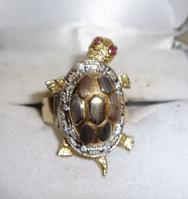 10K Solid Yellow Gold Ruby Turtle Articulated Sta… - image 2