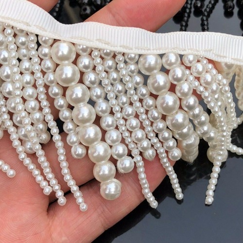 CRAFTMEMORE Pearl Bead Tassel Fringe Lace Trim - 2 Yards, White Edge Embroidered Ribbon For Sewing & Weddings - View #11