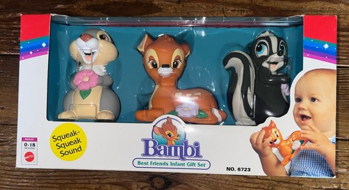 VINTAGE MATTEL BAMBI, FLOWER, THUMPER SQUEAKY TOY INFANT GIFT SET, SEALED BOX - Picture 2 of 6