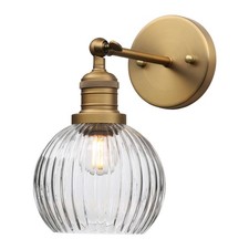 PERMO Antique Wall Sconces with Clear Ribbed Globe Glass Shade Vintage Gold S...