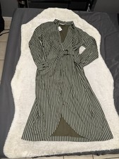 LOFT Shirt Dress Sz 10 Olive Green Striped Long Sleeve Wrap Midi Belted V-Neck