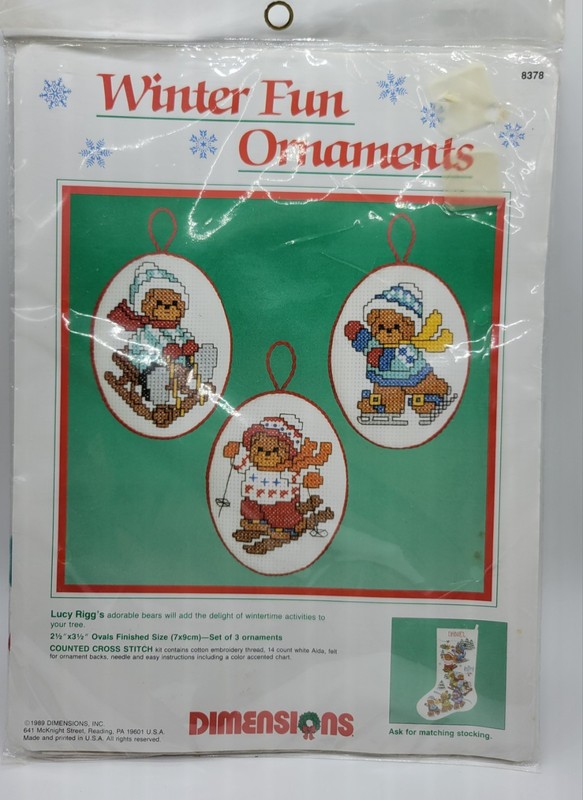Vintage Dimensions Winter Fun Ornaments Cross Stitch Kit 8378 Bears 1989