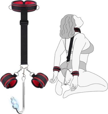 Vibrating Anal Hook BDSM Sex Bondage - Neck to Wrist Black With Red 