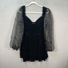 ASOS Design Size 14 Black Polka Dot Velvet Mini Dress w/ Sheer Puff Sleeves