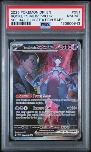 2025 POKEMON DRI SPECIAL ILLUSTRATION RARE #231 TEAM ROCKET'S MEWTWO EX PSA 8