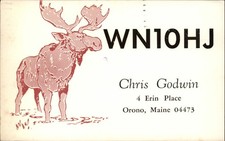 QSL radio card WN1OHJ 1972 Orono Maine  Chris Godwin Bull Moose