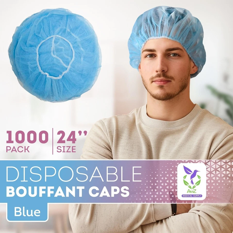 24" 1000 Blue Bouffant Caps Disposable Nurse’s Caps - Image 2 of 4
